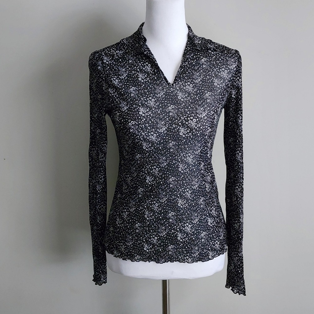 Floral Mesh Top Womens Small Black Long Sleeve Whimsigoth Sheer Goth Feminine
